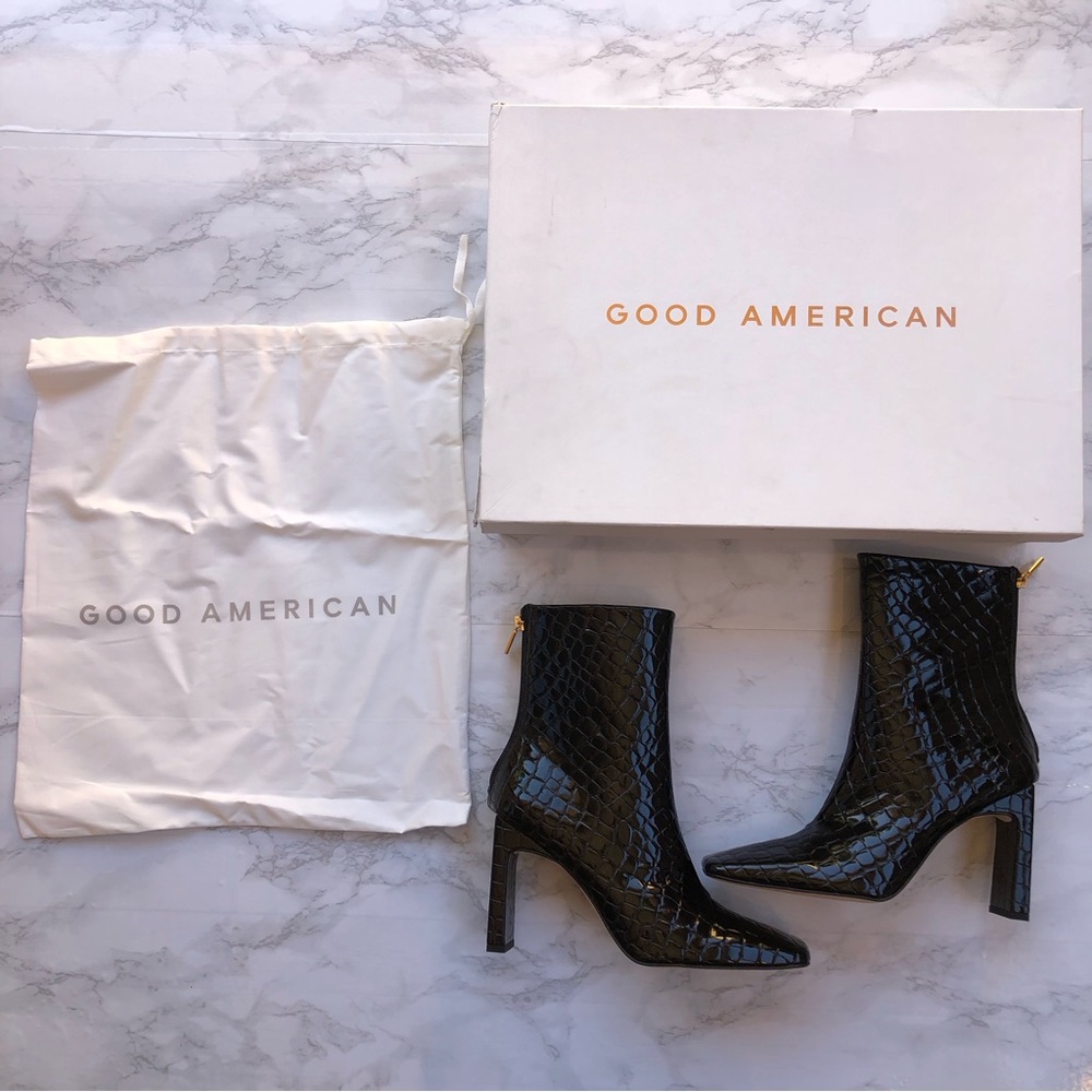 Good American Black Patent Croc Leather Boots Square Toe Heel Ankle Booties Sz 8